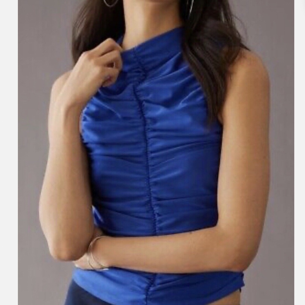 Anthropologie En Elly Ruched Mock Neck Tank Royal Blue Size Small (S)
